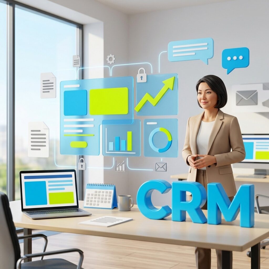 Руководитель у дашборда CRM Битрикс24 с панелями отчётов и стрелкой роста