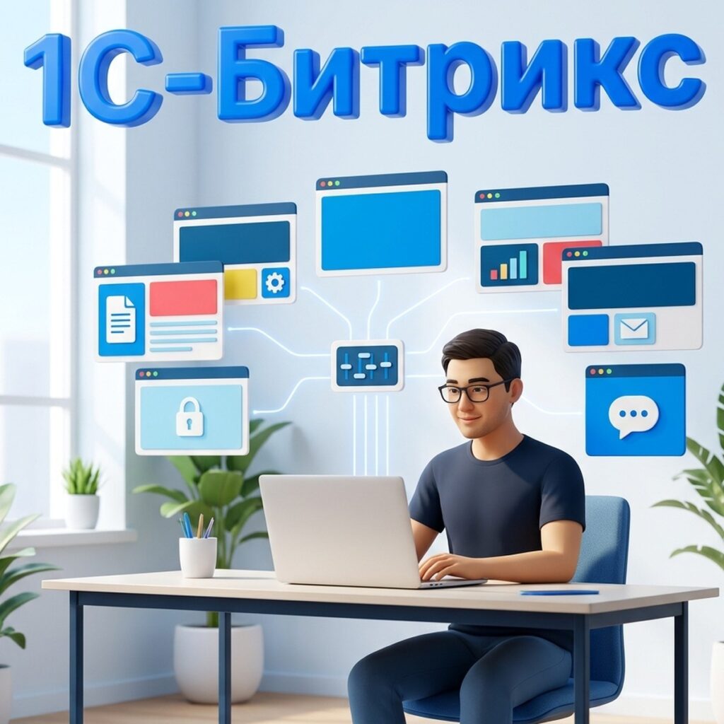 Разработчик управляет несколькими сайтами из одной админки 1С-Битрикс: окна сайтов связаны с общей панелью