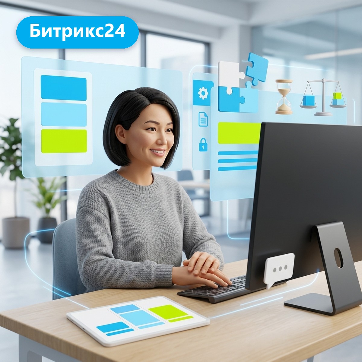 Разработчица Битрикс24 работает за монитором, рядом парят детали пазла, песочные часы и весы: оценка трудозатрат на доработку