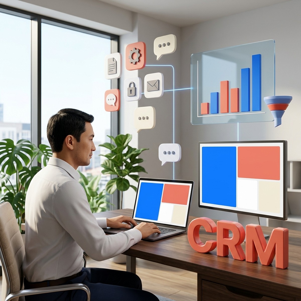 Маркетолог за ноутбуком передаёт данные о сделках из CRM в отчёт Google Ads, рядом объёмное слово CRM