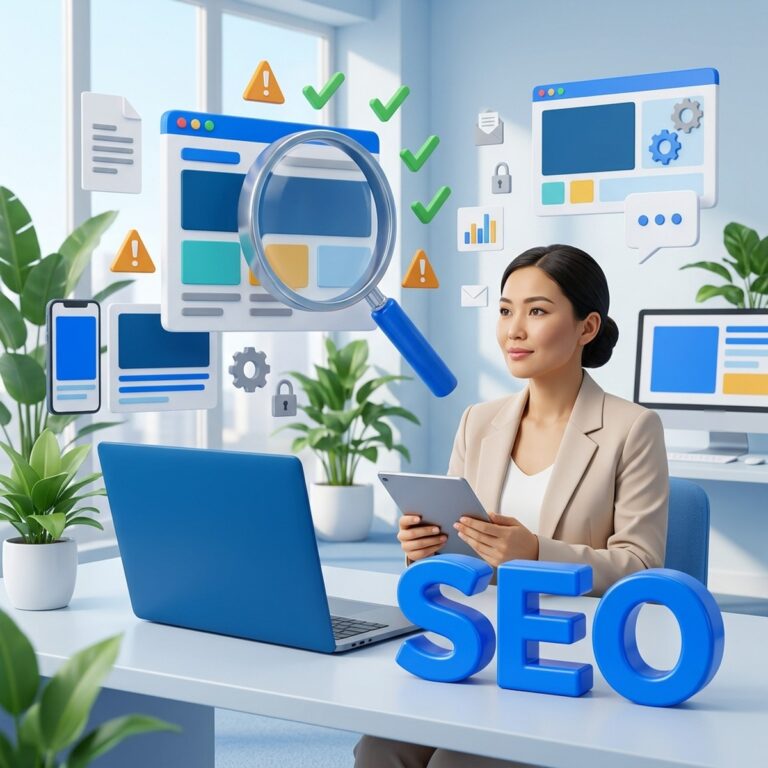 Маркетолог с планшетом, лупа над макетом веб-страницы и объёмные буквы SEO: онлайн-проверка сайта