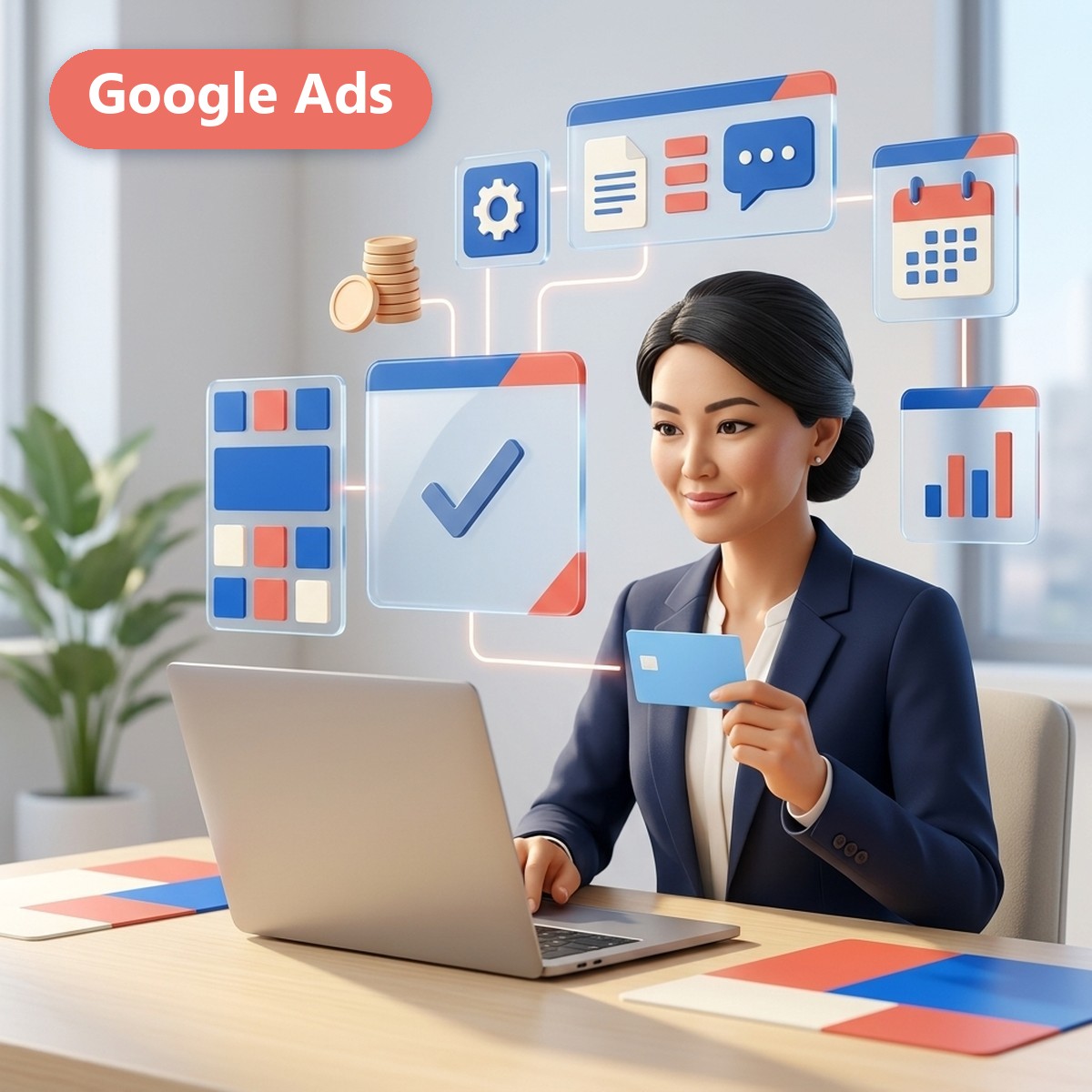Руководитель оплачивает рекламу Google Ads банковской картой за ноутбуком, рядом парящие панели с отметкой об оплате, монетами и календарём