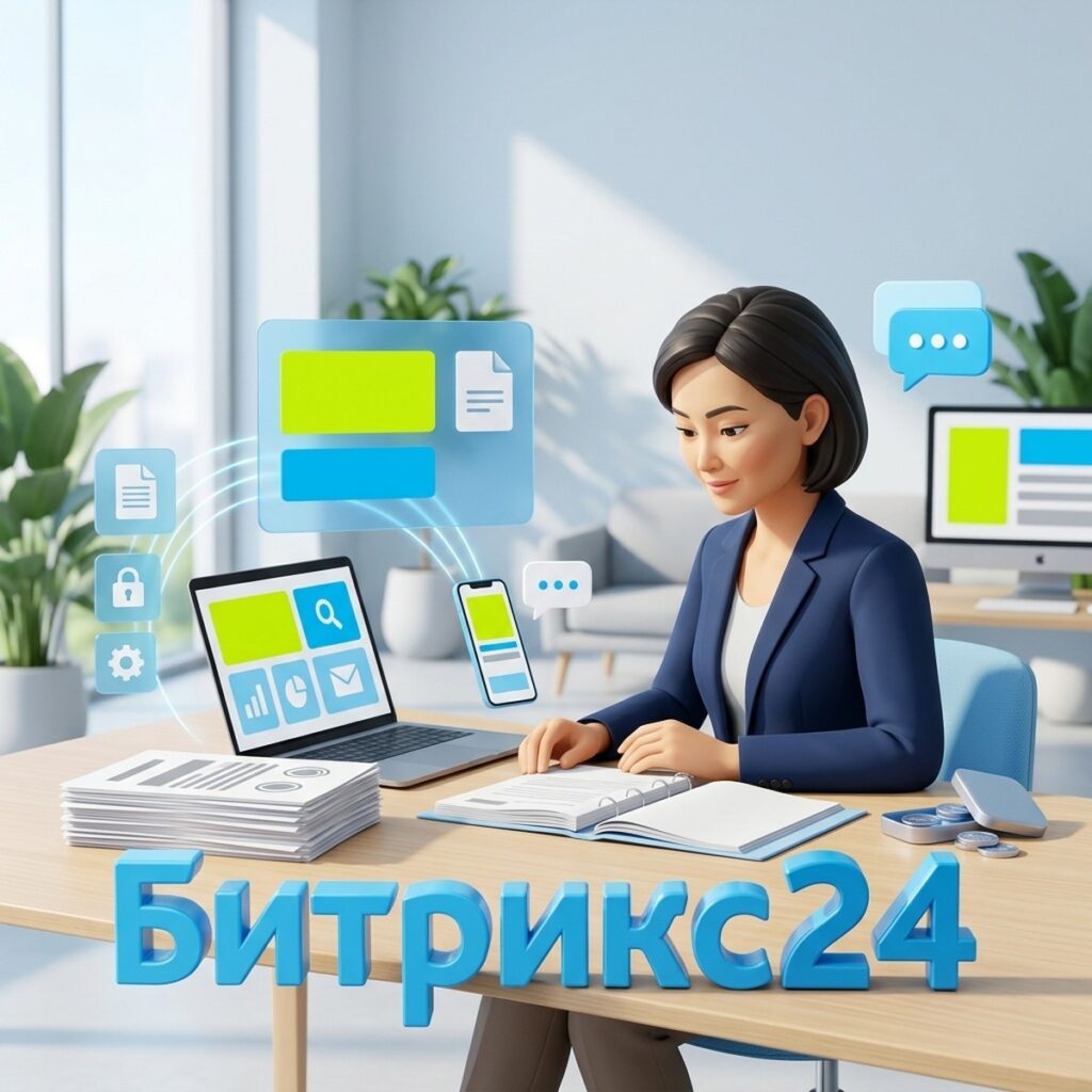 Бухгалтер за столом проверяет счёт и закрывающие документы, рядом объёмная надпись Битрикс24