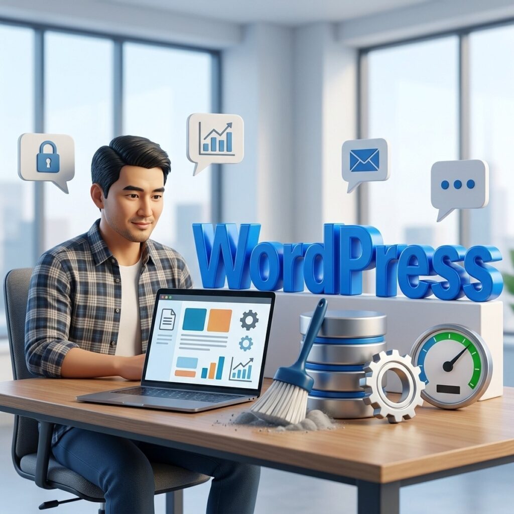 Веб-разработчик за ноутбуком, щётка очищает базу данных WordPress, спидометр в зелёной зоне