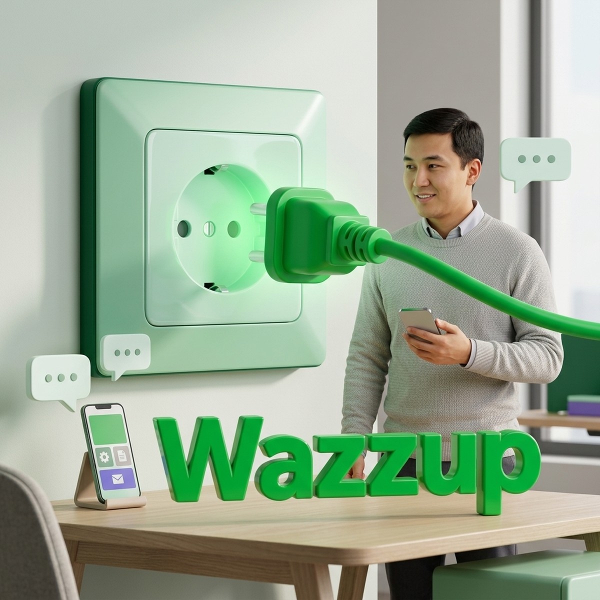 Администратор подключает канал Wazzup: объёмная розетка и штекер, смартфон и буквы Wazzup