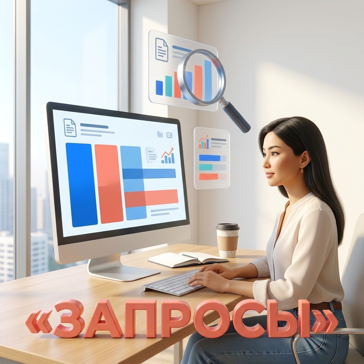 Маркетолог изучает отчёт по поисковым запросам Google Ads на большом мониторе, рядом парят карточки отчёта и лупа, на переднем плане объёмное слово «Запросы»
