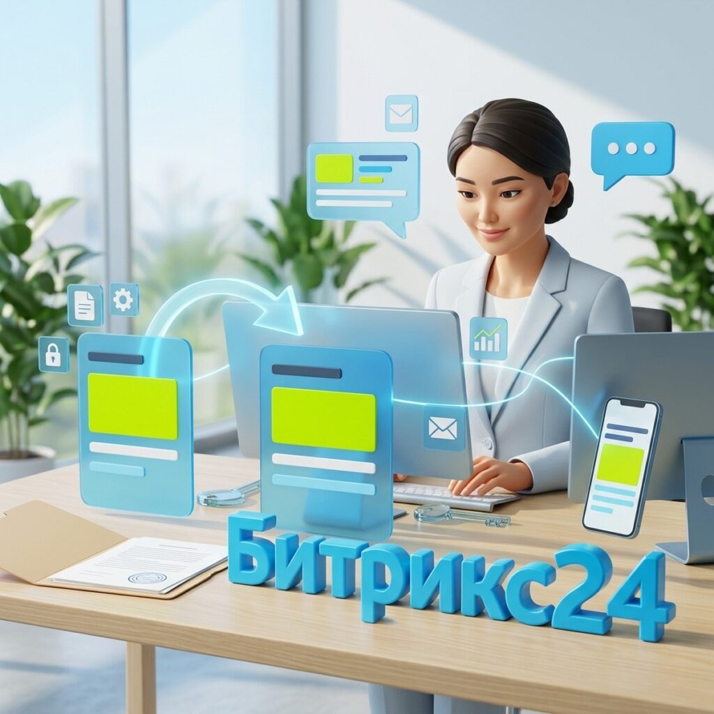 3D-иллюстрация: женщина-юрист за ноутбуком, папка с документами и печать на столе, стрелка передачи между двумя карточками и объёмная надпись Битрикс24