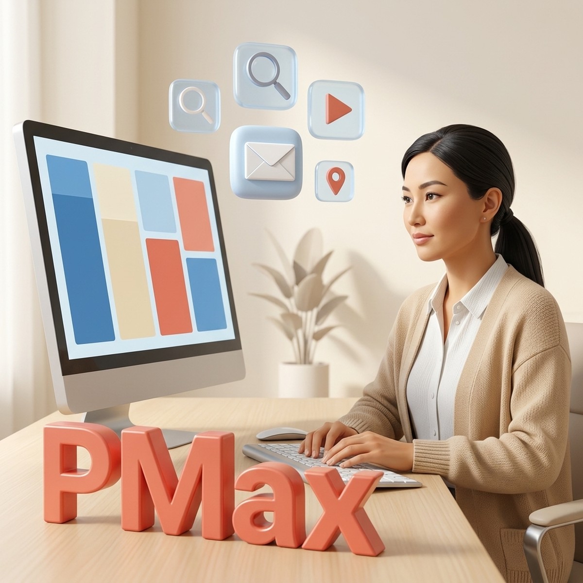 Маркетолог за рабочим столом смотрит отчёт кампании Performance Max в Google Ads, рядом объёмное слово PMax