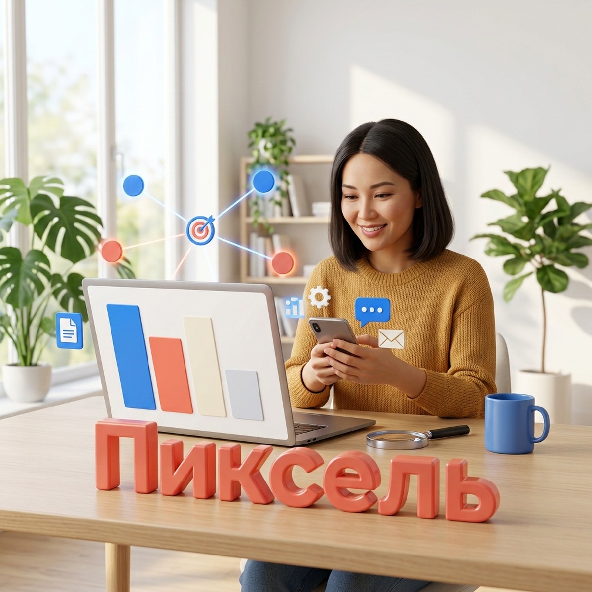 Маркетолог проверяет события пикселя Meta на сайте: ноутбук с графиком, объёмная надпись «Пиксель»