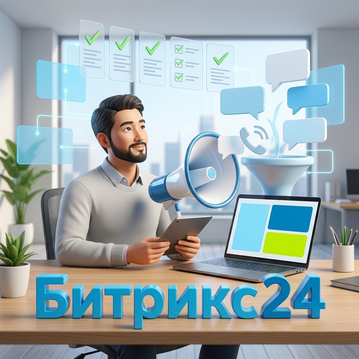 Специалист техподдержки Битрикс24 с планшетом проверяет чек-лист перед запуском рекламы: мегафон, воронка заявок и объёмная надпись Битрикс24