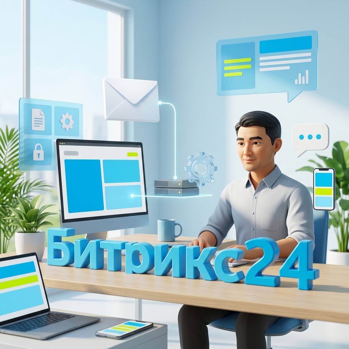 3D-иллюстрация: системный администратор за монитором, парящий конверт связан светящейся линией с сервером и шестерёнкой, объёмная надпись Битрикс24