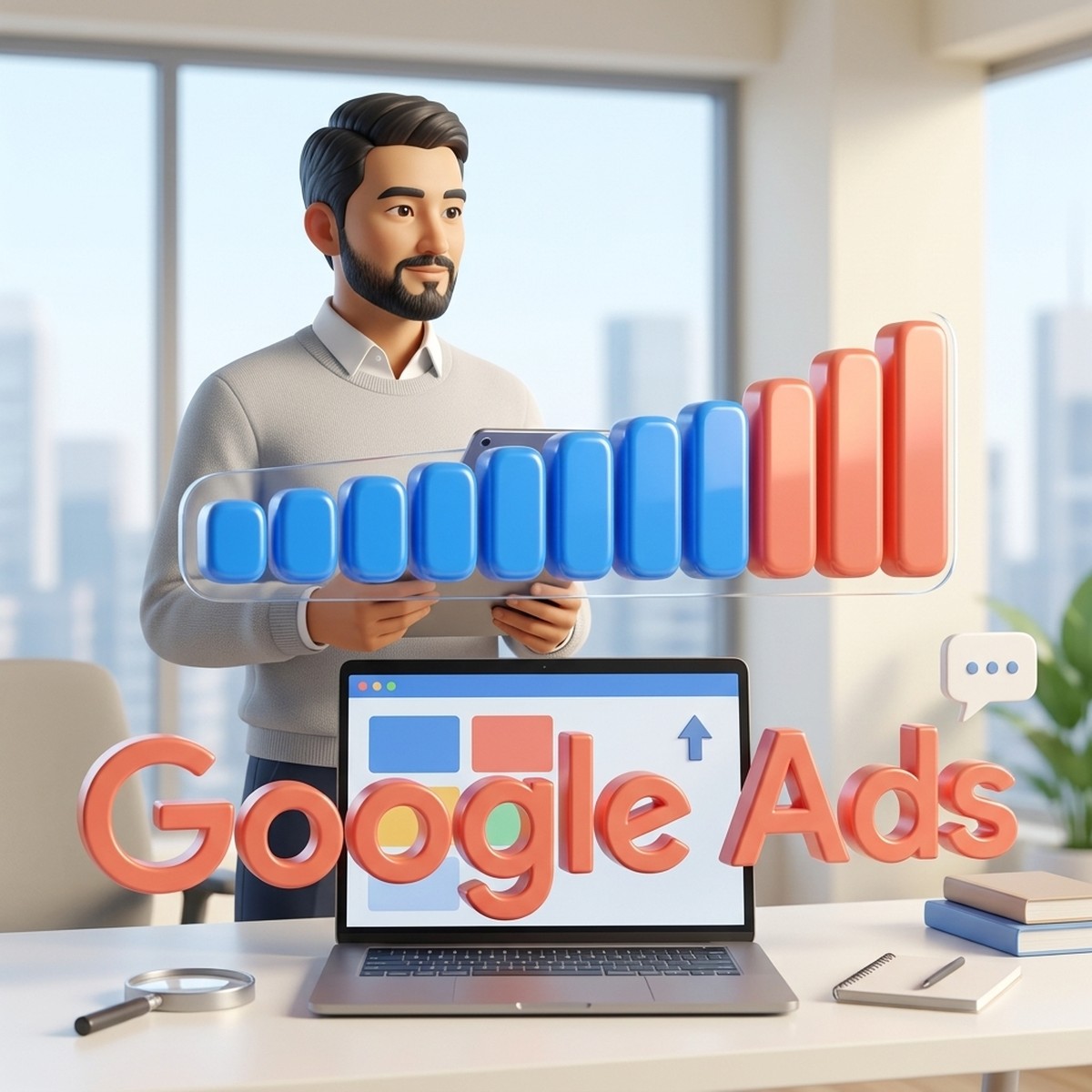 Маркетолог с планшетом у шкалы из десяти блоков и объёмная надпись Google Ads: показатель качества рекламы