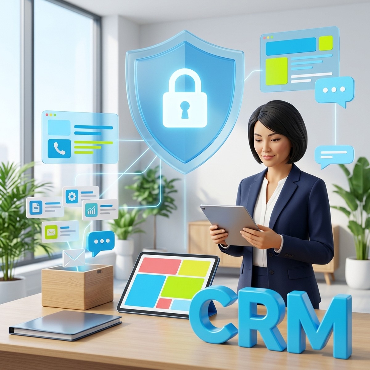 Руководитель с планшетом у щита с замком и объёмной надписью CRM: защита персональных данных клиентов