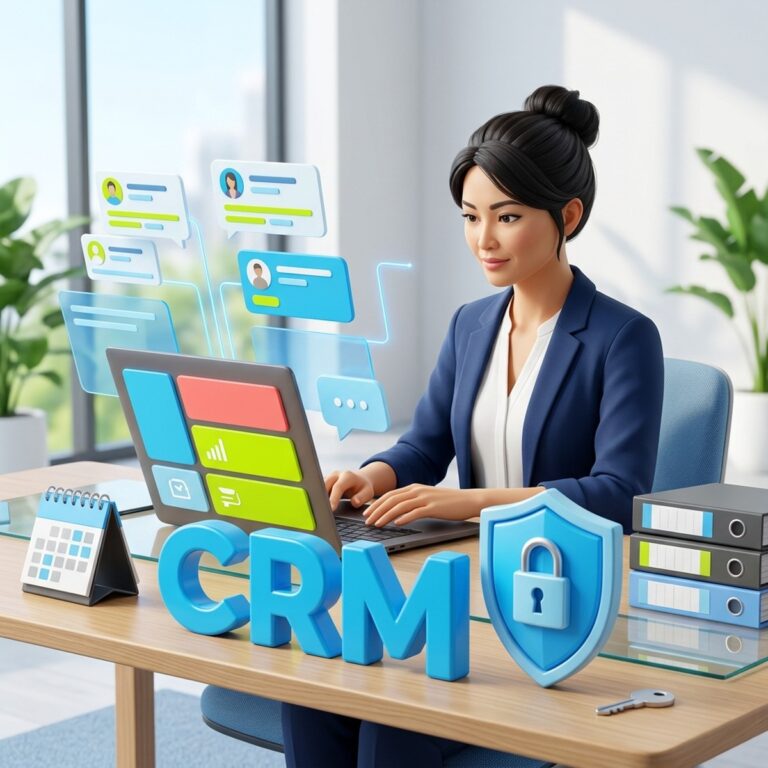 Руководитель за ноутбуком с CRM, щит с замком и папки-регистры: защита персональных данных клиентов в Битрикс24