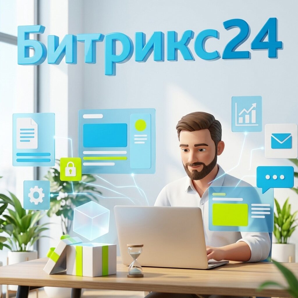 Предприниматель тестирует пробный период Битрикс24: открытая подарочная коробка и песочные часы на столе