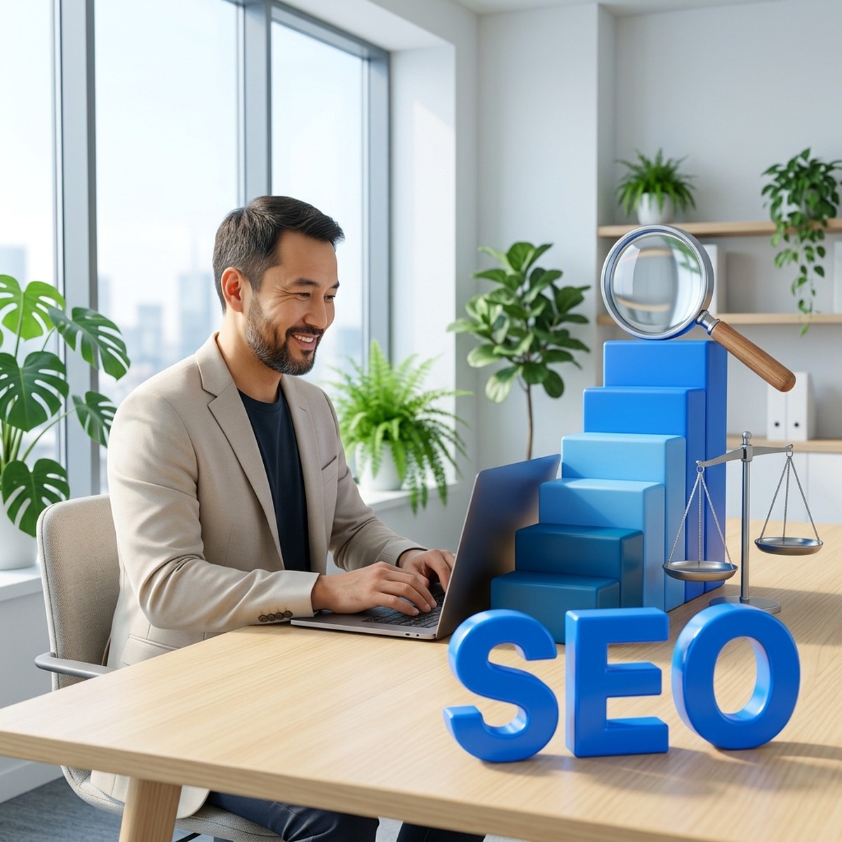Руководитель SEO-направления работает за ноутбуком, рядом синяя лестница с лупой поиска на вершине и весы, на столе объёмная надпись SEO
