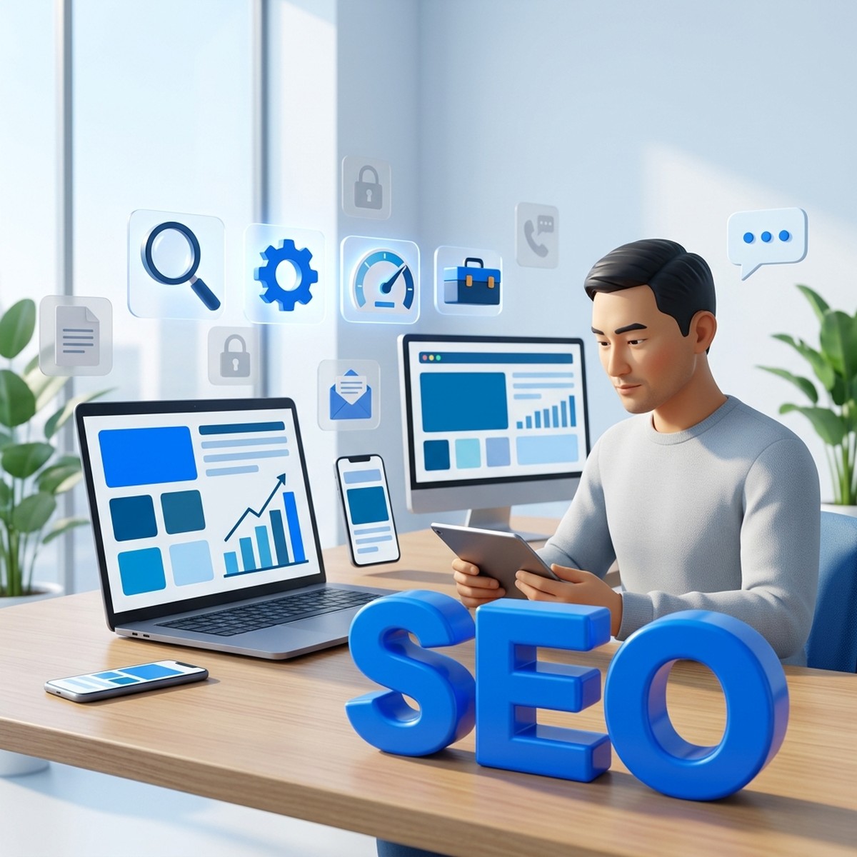 Маркетолог с планшетом за столом с ноутбуком, над столом иконки SEO-инструментов и объёмная надпись SEO