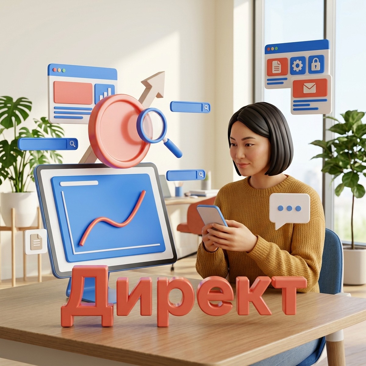 Маркетолог с телефоном у планшета с растущим графиком и 3D-надписью Директ: рост цены клика в Яндекс.Директе