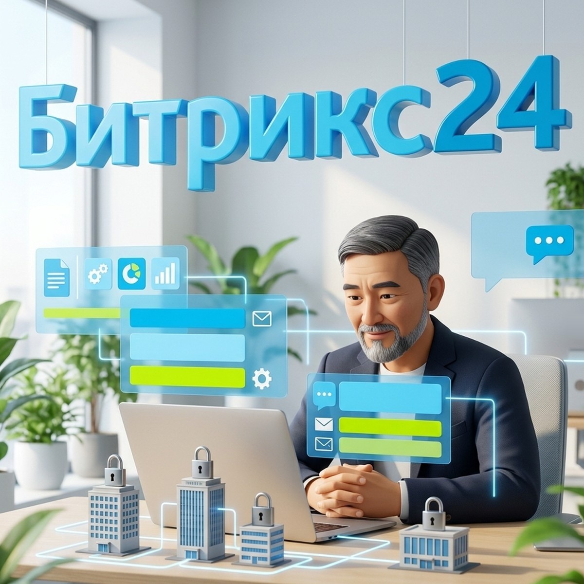 Руководитель настраивает в Битрикс24 разграничение доступа по филиалам: макеты офисов с замками на столе