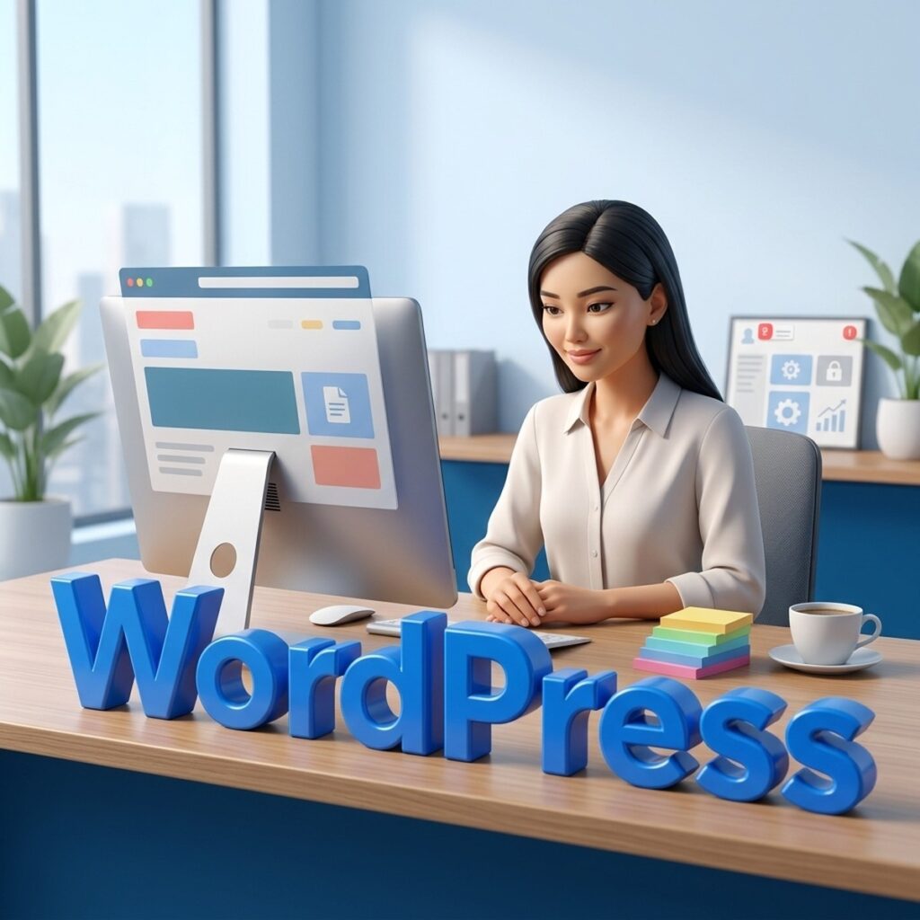 Менеджер веб-проектов за монитором с макетом сайта и объёмная надпись WordPress на столе