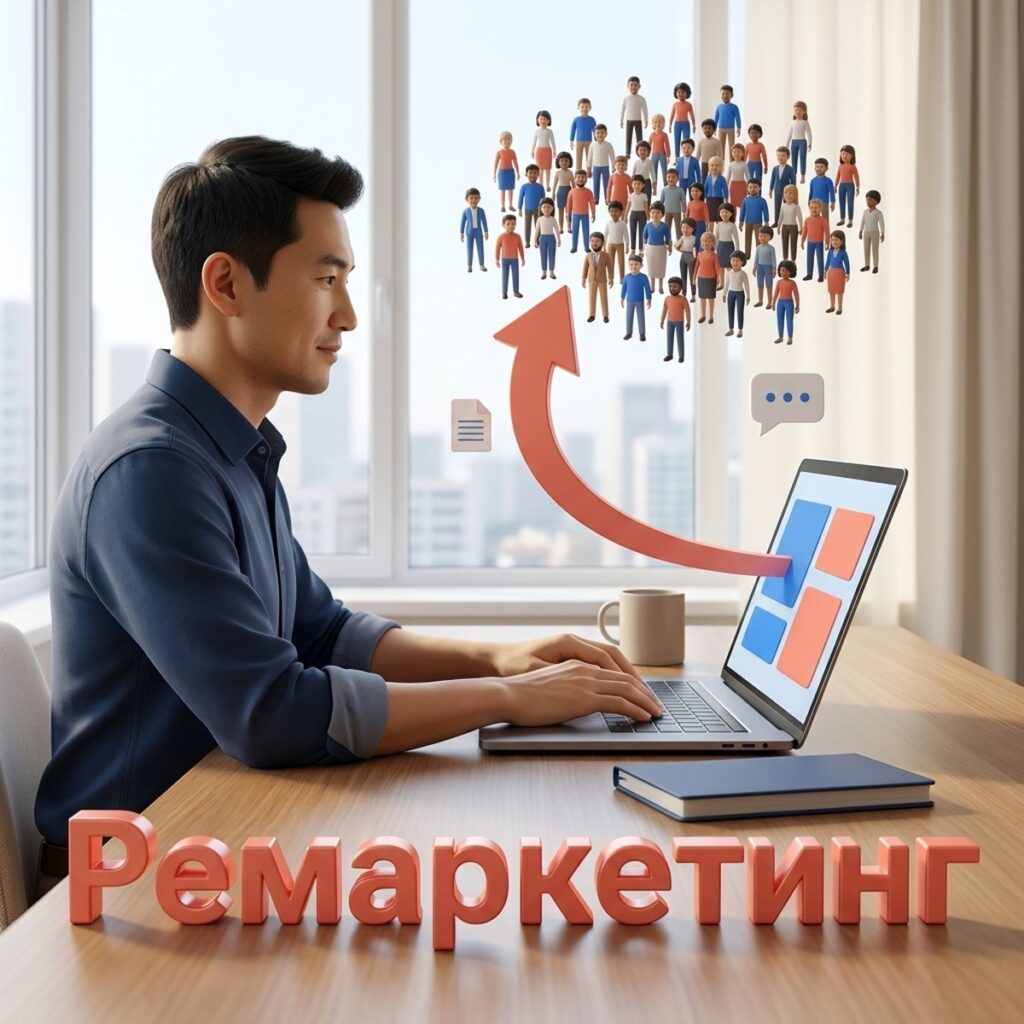Маркетолог за ноутбуком и объёмная надпись «Ремаркетинг»: группа посетителей сайта возвращается в кампанию Google Ads