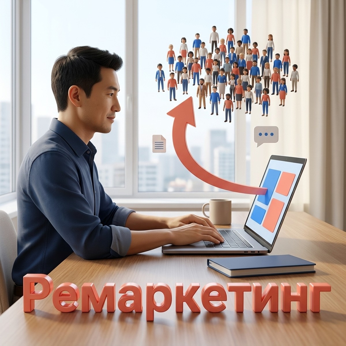 Маркетолог за ноутбуком и объёмная надпись «Ремаркетинг»: группа посетителей сайта возвращается в кампанию Google Ads
