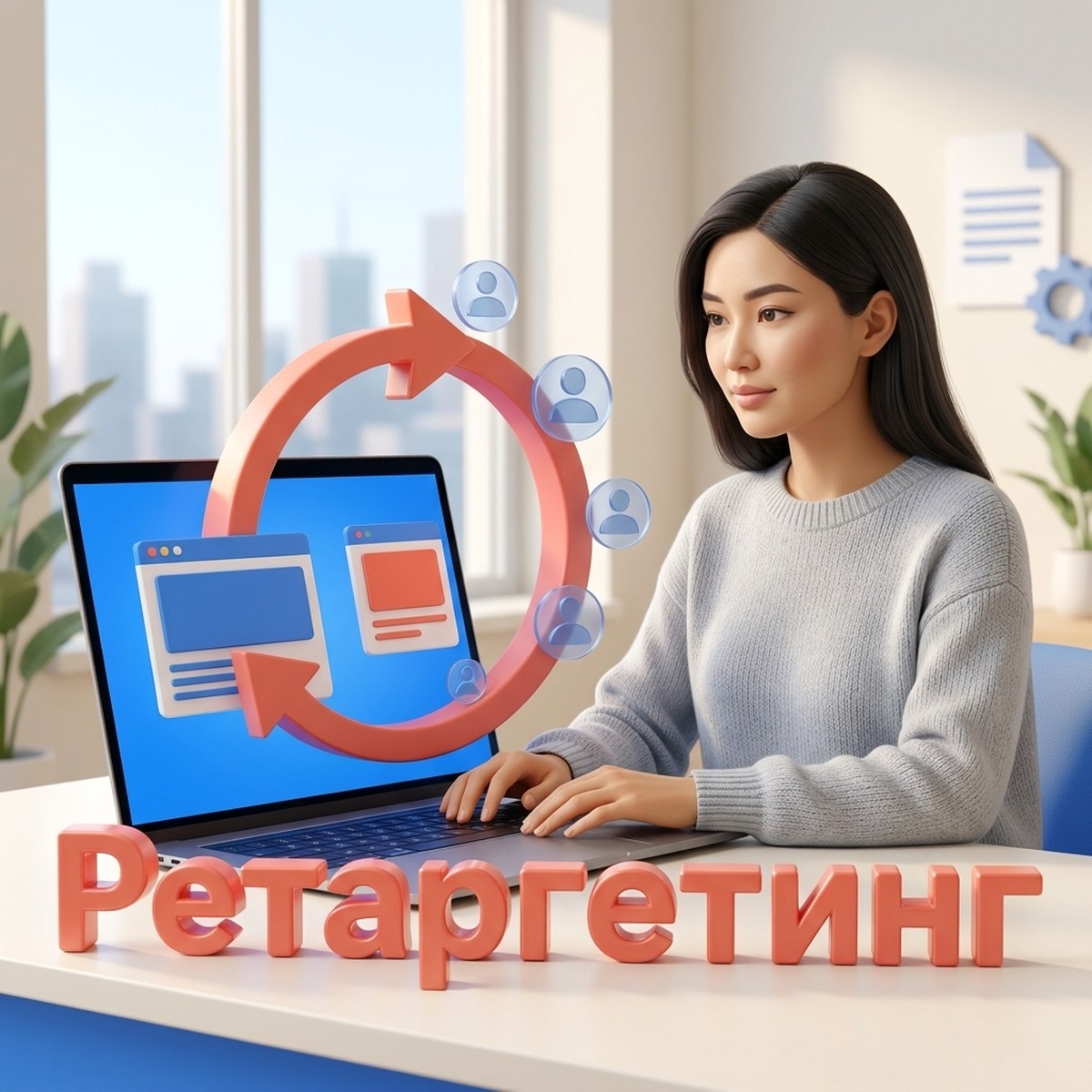 Маркетолог за ноутбуком, стрелка возвращает посетителей сайта к рекламе, объёмная надпись «Ретаргетинг» (Яндекс.Директ)
