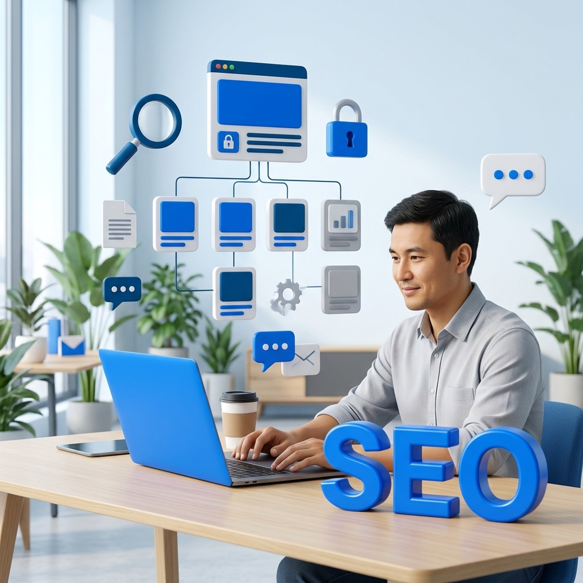 SEO-специалист за ноутбуком и объёмная схема страниц сайта с лупой и замком