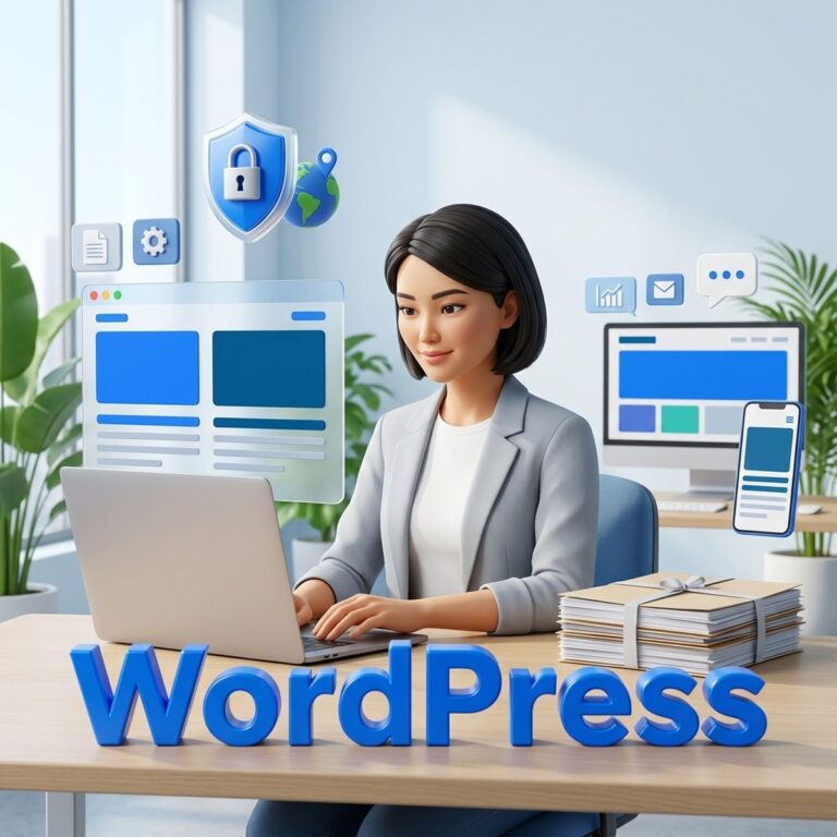 Разработчица сайтов на WordPress за ноутбуком, рядом щит с замком и глобус как символы требований к государственному сайту