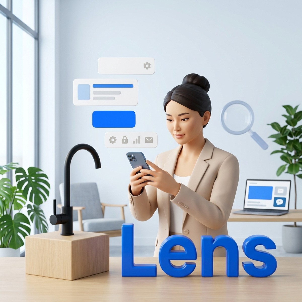 Маркетолог сканирует смеситель смартфоном через Google Lens, рядом объёмное слово Lens и карточки результатов поиска
