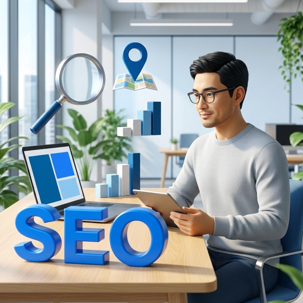 3D-иллюстрация: SEO-маркетолог в офисе Алматы с планшетом, объёмные буквы SEO, лупа и метка на карте