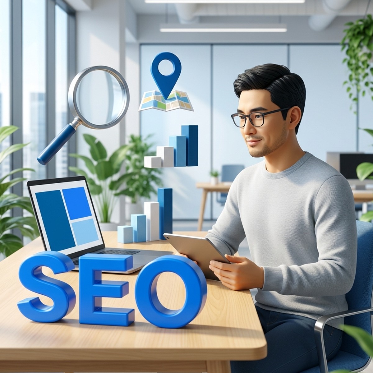 3D-иллюстрация: SEO-маркетолог в офисе Алматы с планшетом, объёмные буквы SEO, лупа и метка на карте