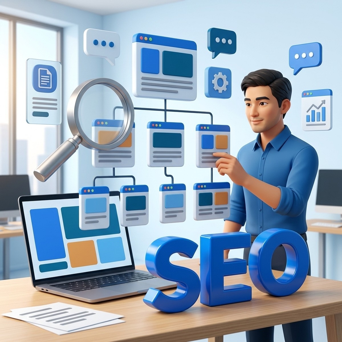 Дерево SEO-структуры сайта на WordPress: карточки разделов, лупа и ноутбук