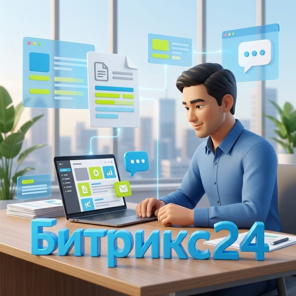 Менеджер по продажам за ноутбуком с парящим шаблоном документа и объёмной надписью Битрикс24 — шаблон коммерческого предложения