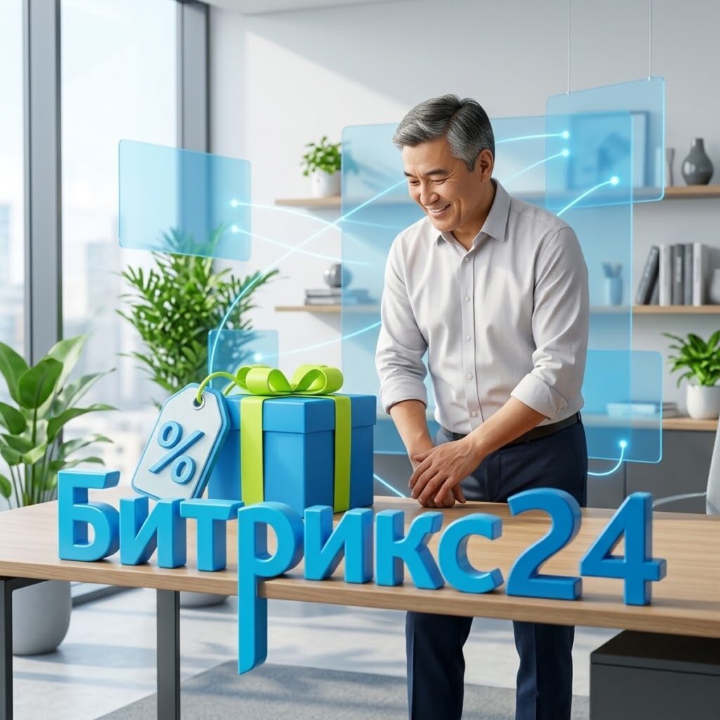 Предприниматель с коробкой лицензии Битрикс24 в подарочной ленте и ярлыком скидки