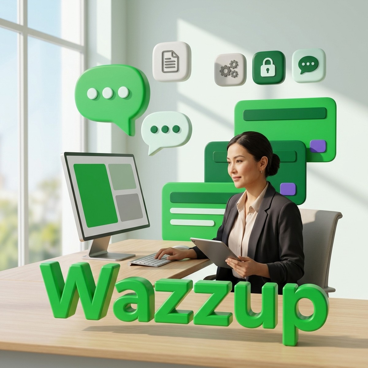 Руководитель отдела продаж за рабочим столом, объёмная надпись Wazzup и пузыри сообщений подключённых каналов