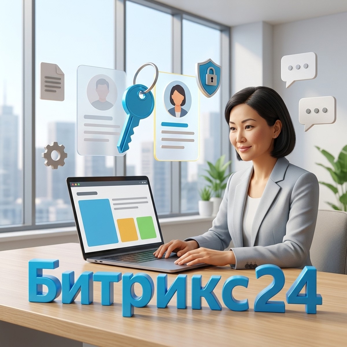 Офис-менеджер за ноутбуком, над столом ключ между карточками прежнего и нового администратора Битрикс24