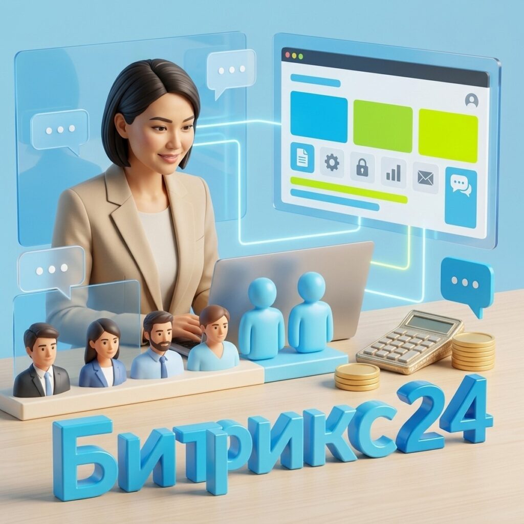 Ряд фигурок пользователей лицензии Битрикс24, калькулятор и монеты на столе