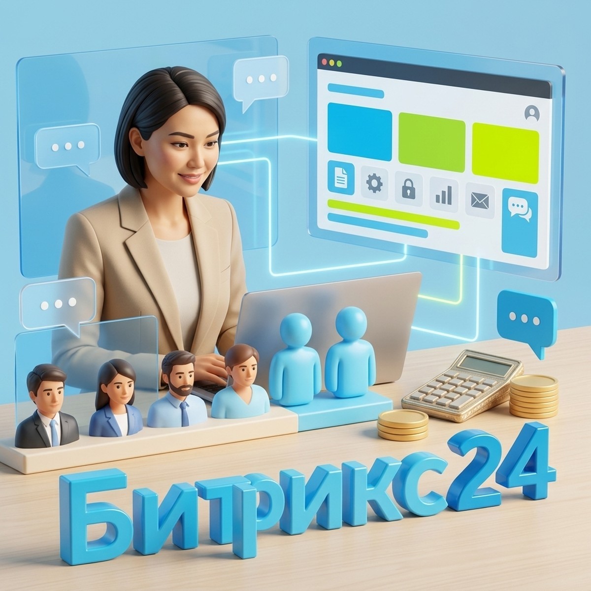 Ряд фигурок пользователей лицензии Битрикс24, калькулятор и монеты на столе