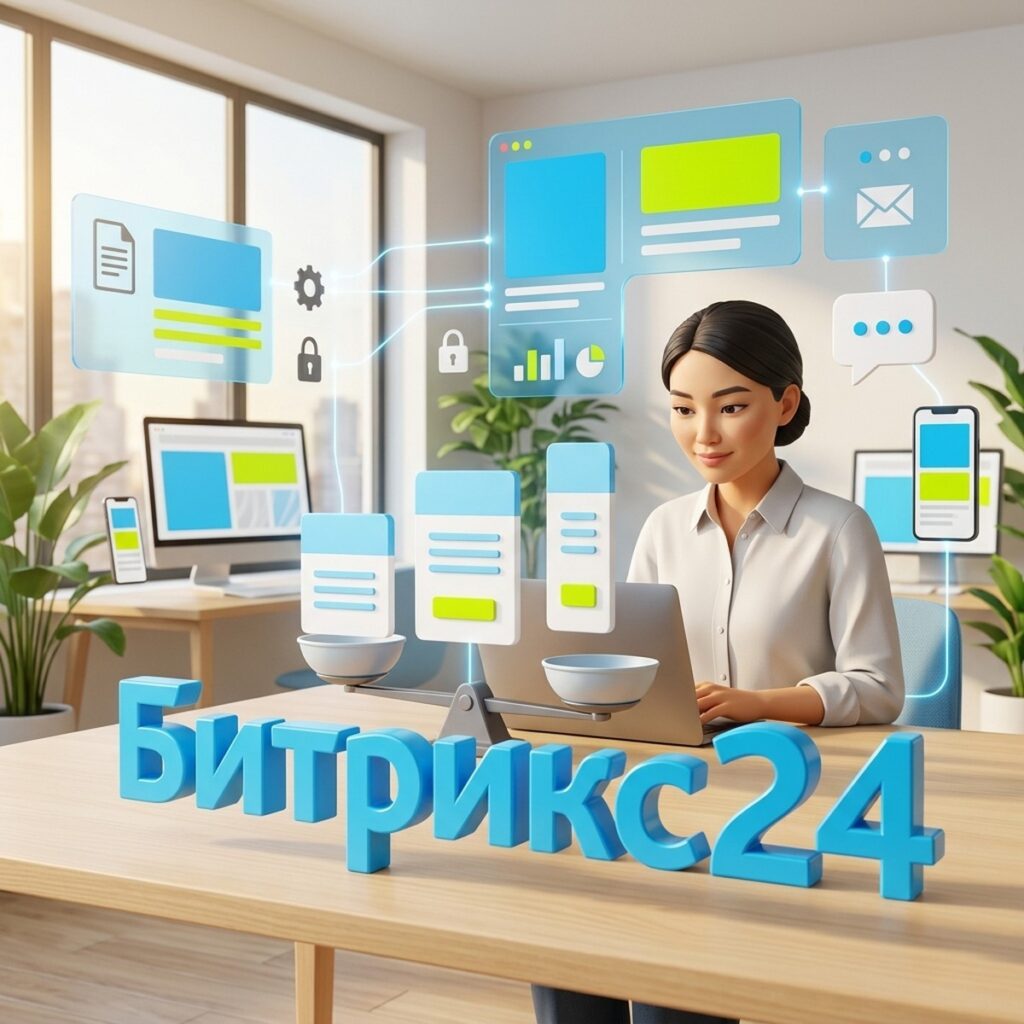 Женщина сравнивает цены лицензий Битрикс24: ценники на весах и ноутбук