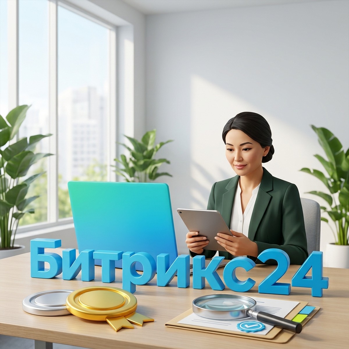 Руководитель проверяет статус партнёра Битрикс24: золотая и платиновая медали, лупа над папкой с отметкой о проверке