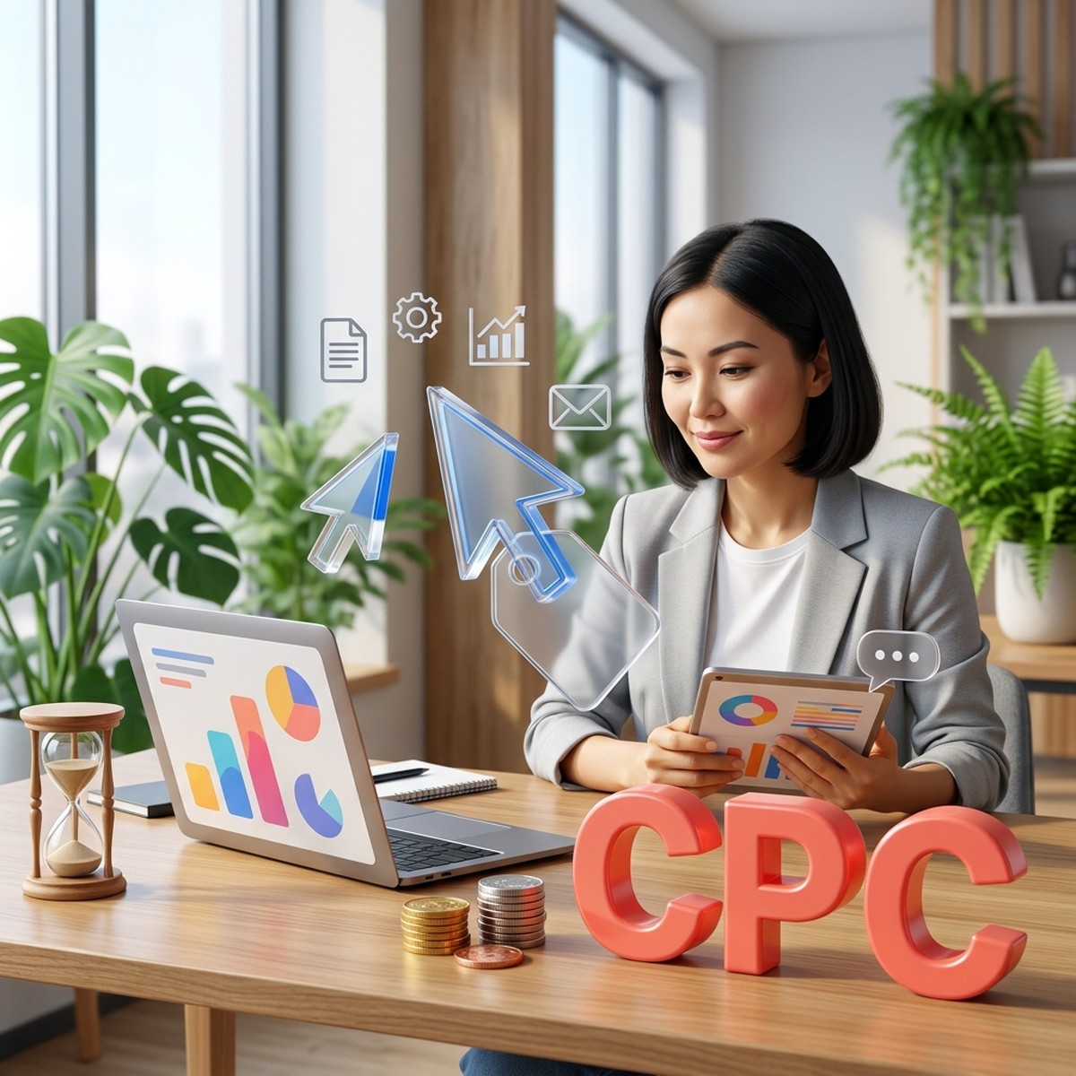 Маркетолог с планшетом за столом, объёмные буквы CPC, курсор над ценником и стопка монет: стоимость клика в Google Ads