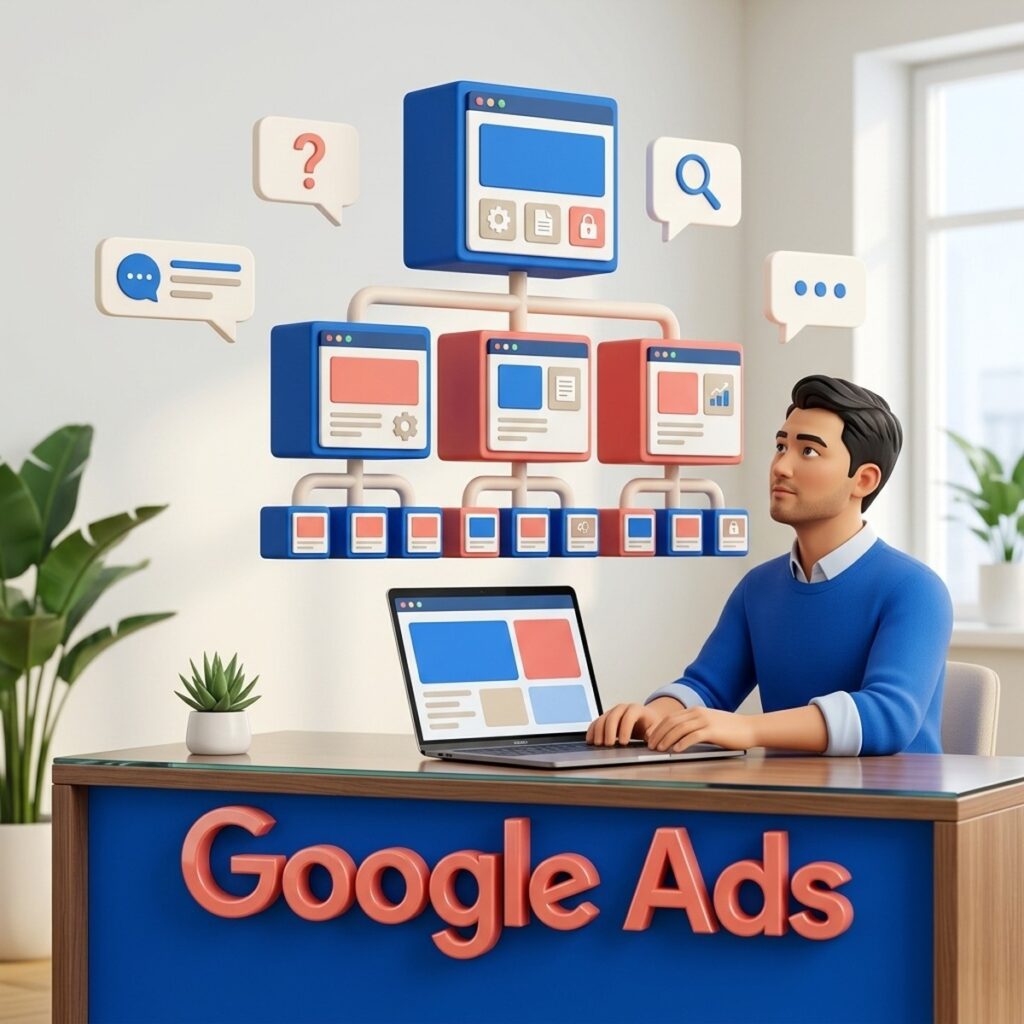 Маркетолог за ноутбуком смотрит на схему кампаний и групп объявлений Google Ads