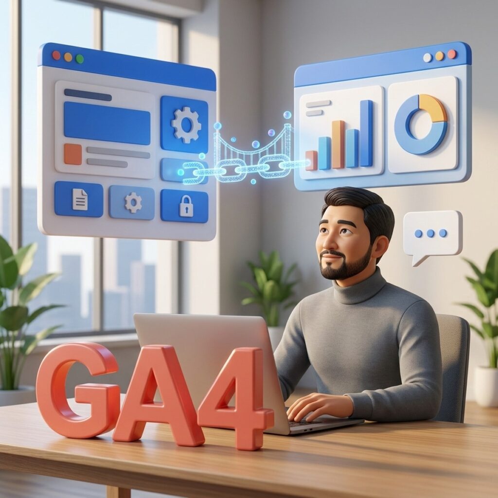Маркетолог за ноутбуком, над столом панели Google Ads и GA4 соединены цепью данных
