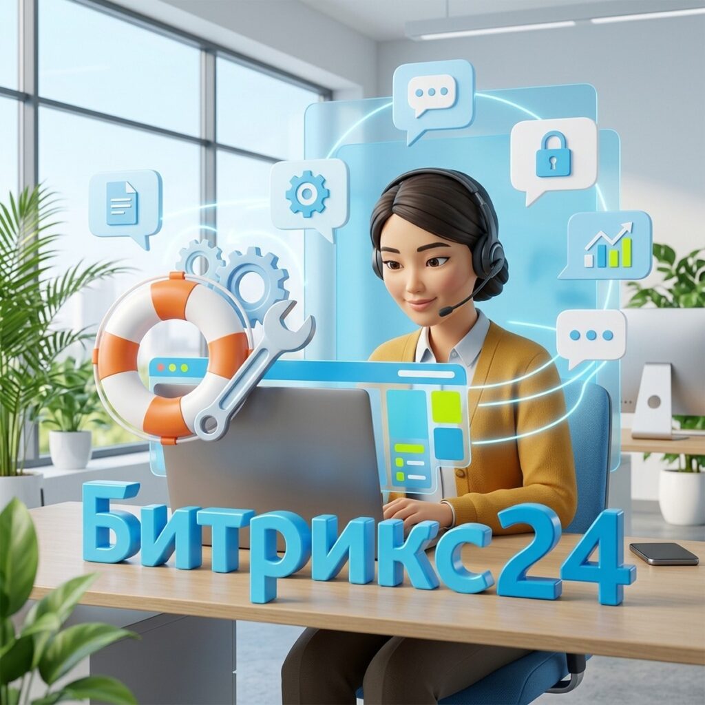 Инженер техподдержки в гарнитуре за ноутбуком со спасательным кругом и гаечным ключом, объёмная надпись Битрикс24