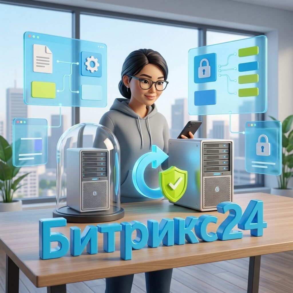 Системный администратор обновляет коробочный Битрикс24 через тестовый контур: сервер под стеклянным колпаком и основной сервер