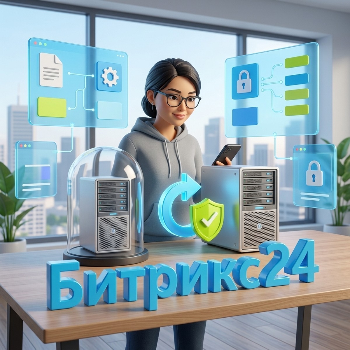 Системный администратор обновляет коробочный Битрикс24 через тестовый контур: сервер под стеклянным колпаком и основной сервер
