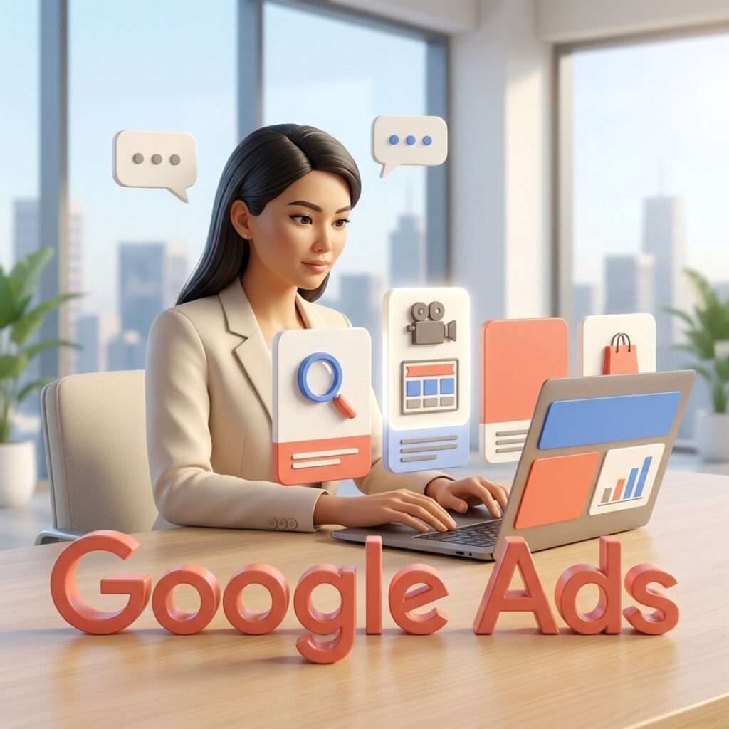 Маркетолог выбирает тип кампании Google Ads: карточки поиска, видео, медийной и торговой рекламы на столе