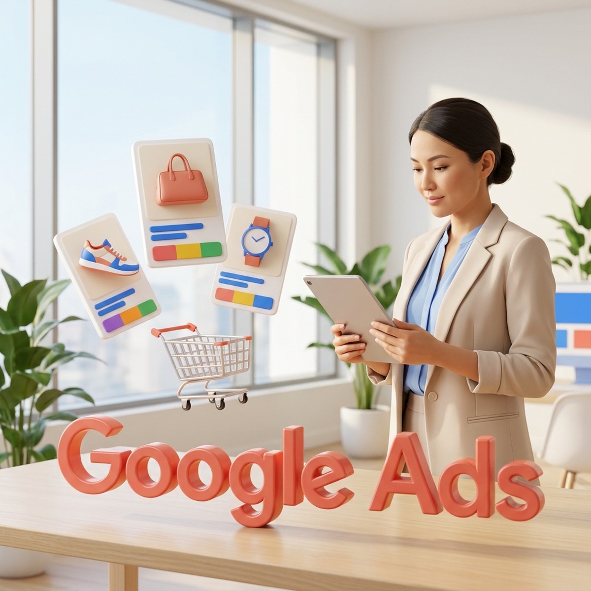 Интернет-маркетолог за ноутбуком настраивает торговую кампанию Google Ads: карточки товаров летят в тележку, объёмная надпись Google Ads