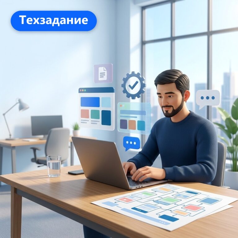 Разработчик за ноутбуком, на столе схема структуры будущего сайта по техническому заданию
